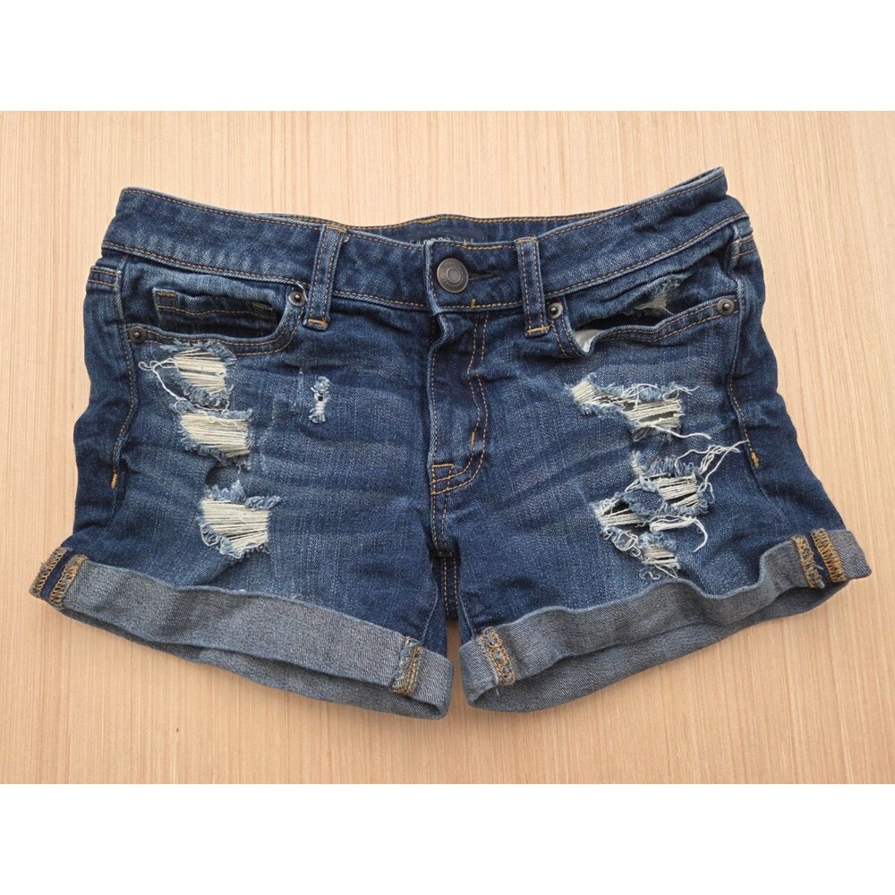 Aeropostale Womens Midi Dark Blue Denim Distressed Cuffed Midi Shorts Size 2
